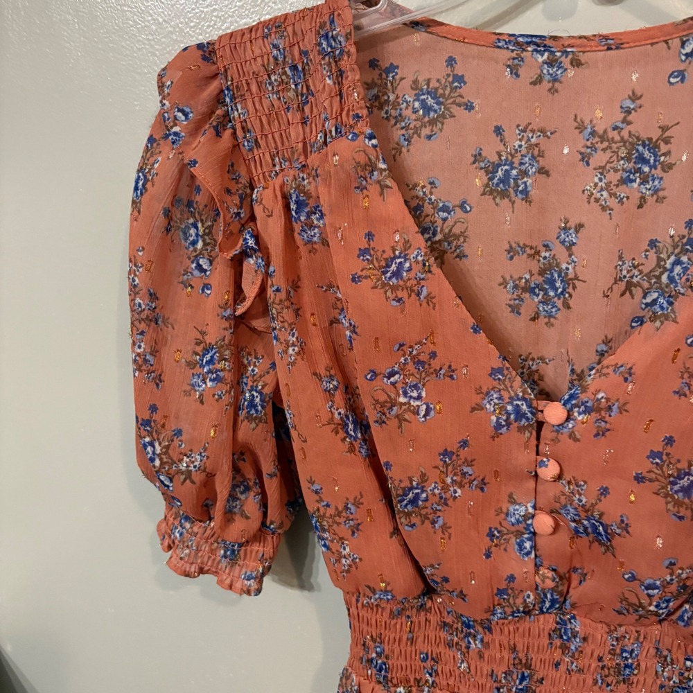 B. Smart Dusty Rose Pink Blue Floral Mini Smocked Ruffle Trim Dress  (Junior‎ 3) - Picture 2 of 7